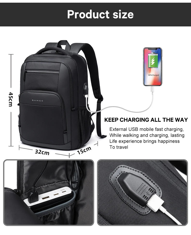 BANGE Waterproof School Laptop Backpack with USB Charging