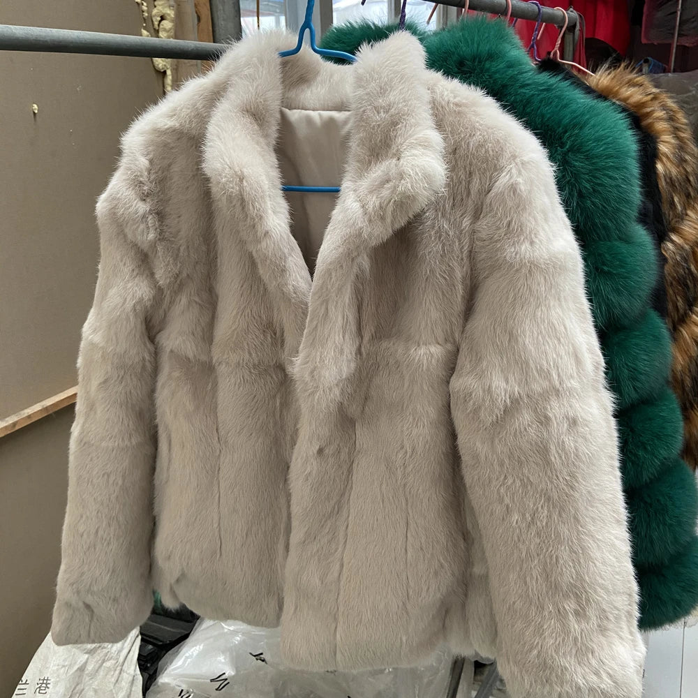 Women’s Black Rabbit Fur & Leather Winter Coat – Elegant Bolero Jacket