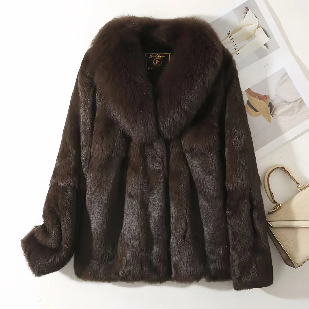 Women’s Rex Rabbit Fur Coat – Short, Warm & Elegant with Fox Fur Collar