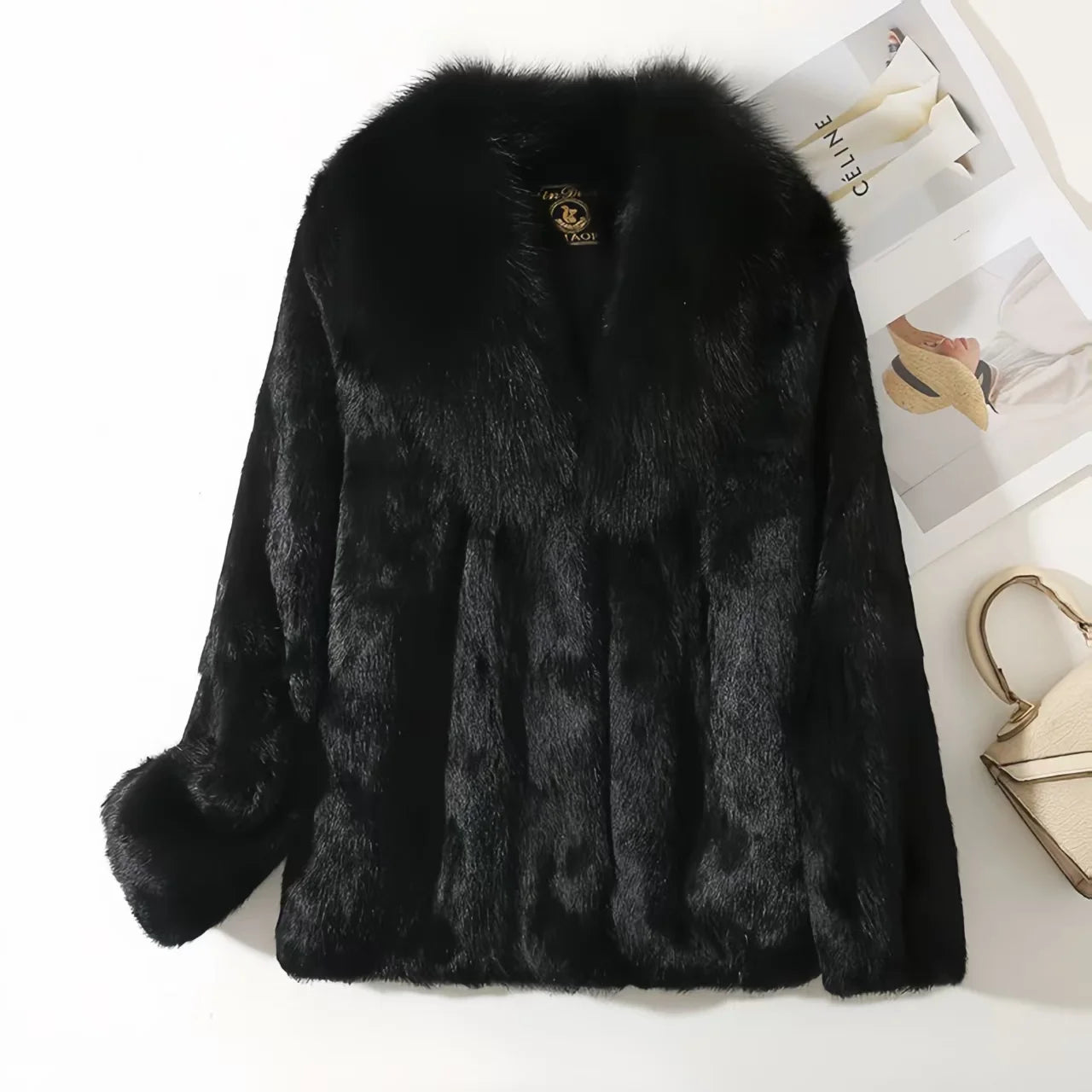Women’s Rex Rabbit Fur Coat – Short, Warm & Elegant with Fox Fur Collar