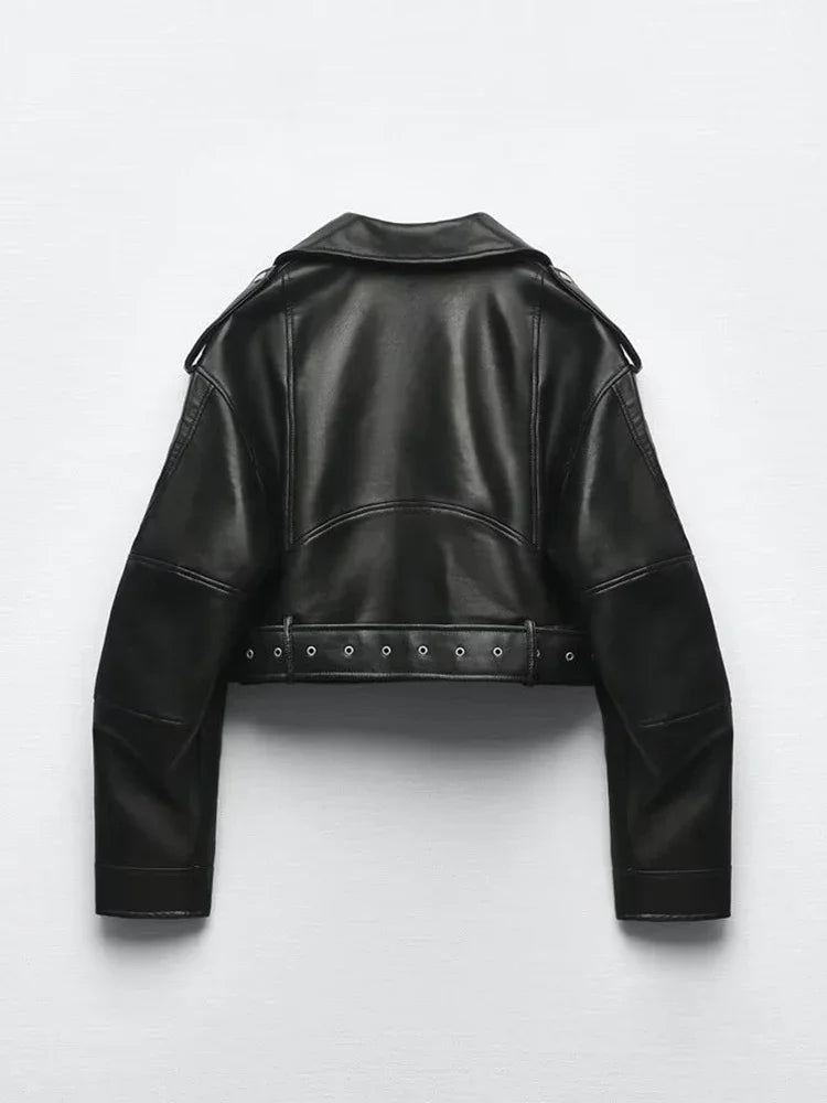 Vintage PU Leather Belted Biker Jacket