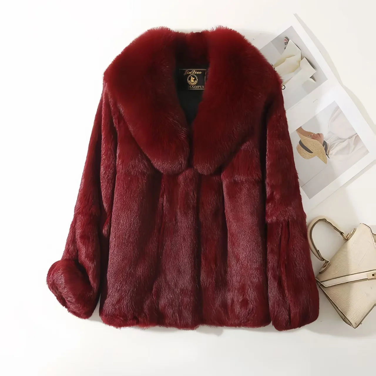 Women’s Rex Rabbit Fur Coat – Short, Warm & Elegant with Fox Fur Collar