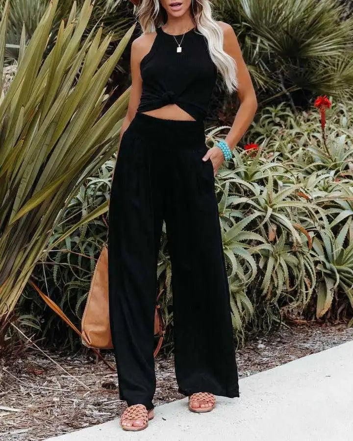 Women’s Wide-Leg Drawstring Pants – Casual Beachwear