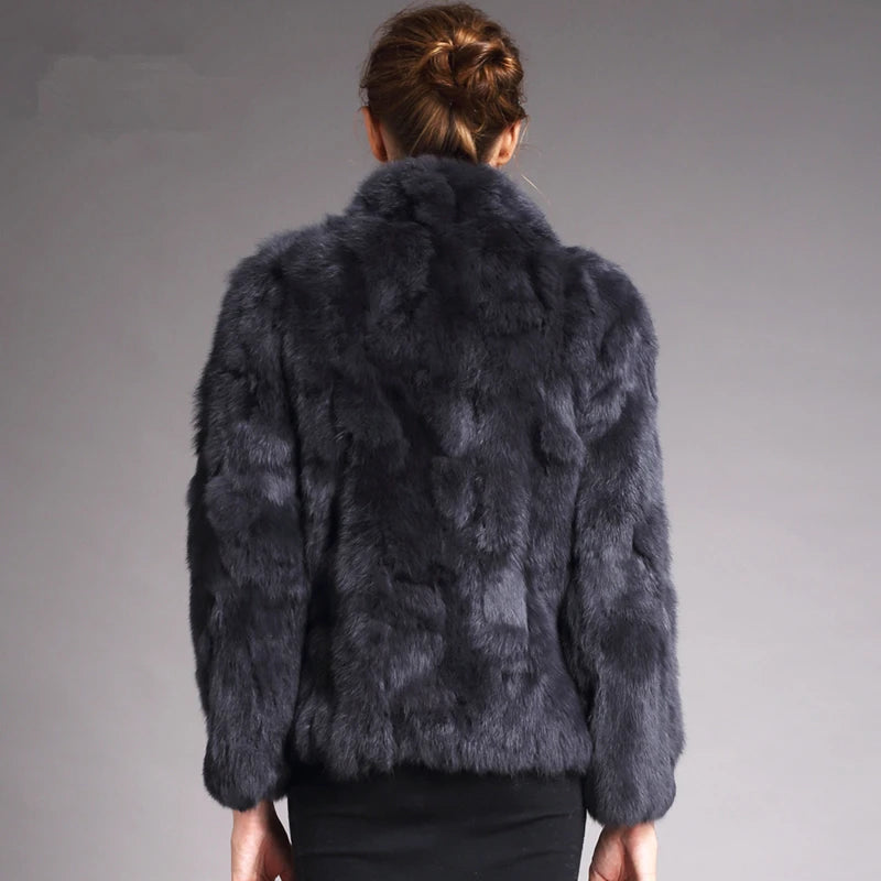 Women’s Black Rabbit Fur & Leather Winter Coat – Elegant Bolero Jacket