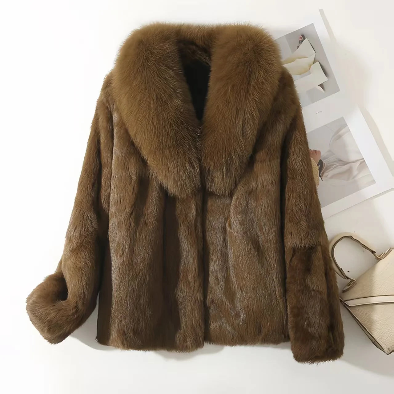 Women’s Rex Rabbit Fur Coat – Short, Warm & Elegant with Fox Fur Collar