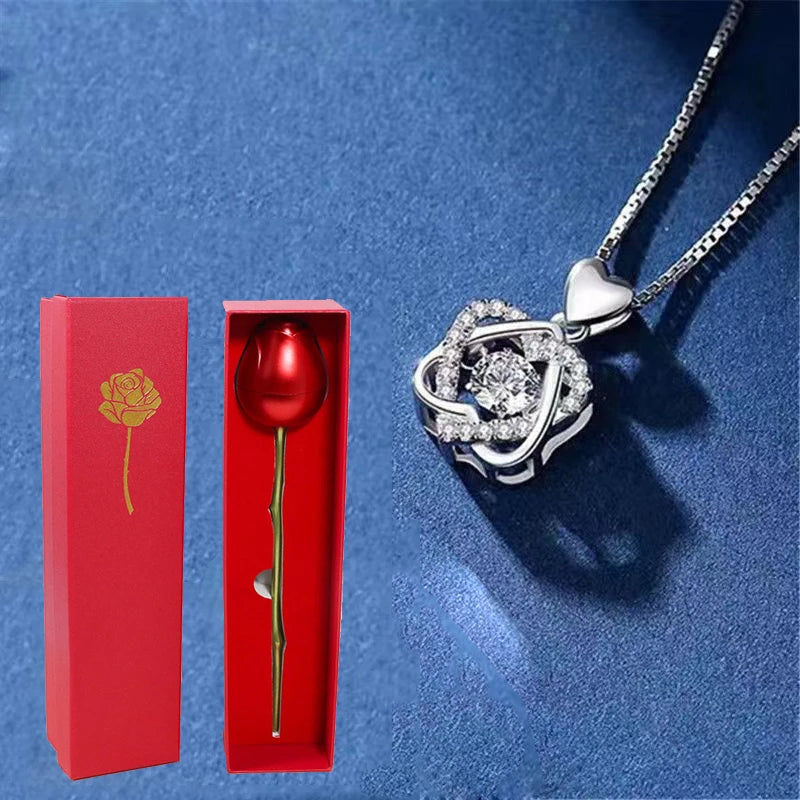 Heart Necklaces With Creative Rose Gift Box For Women Girlfriend 2024 Valentine Day Present Fashion Wedding Romantic Jewelry