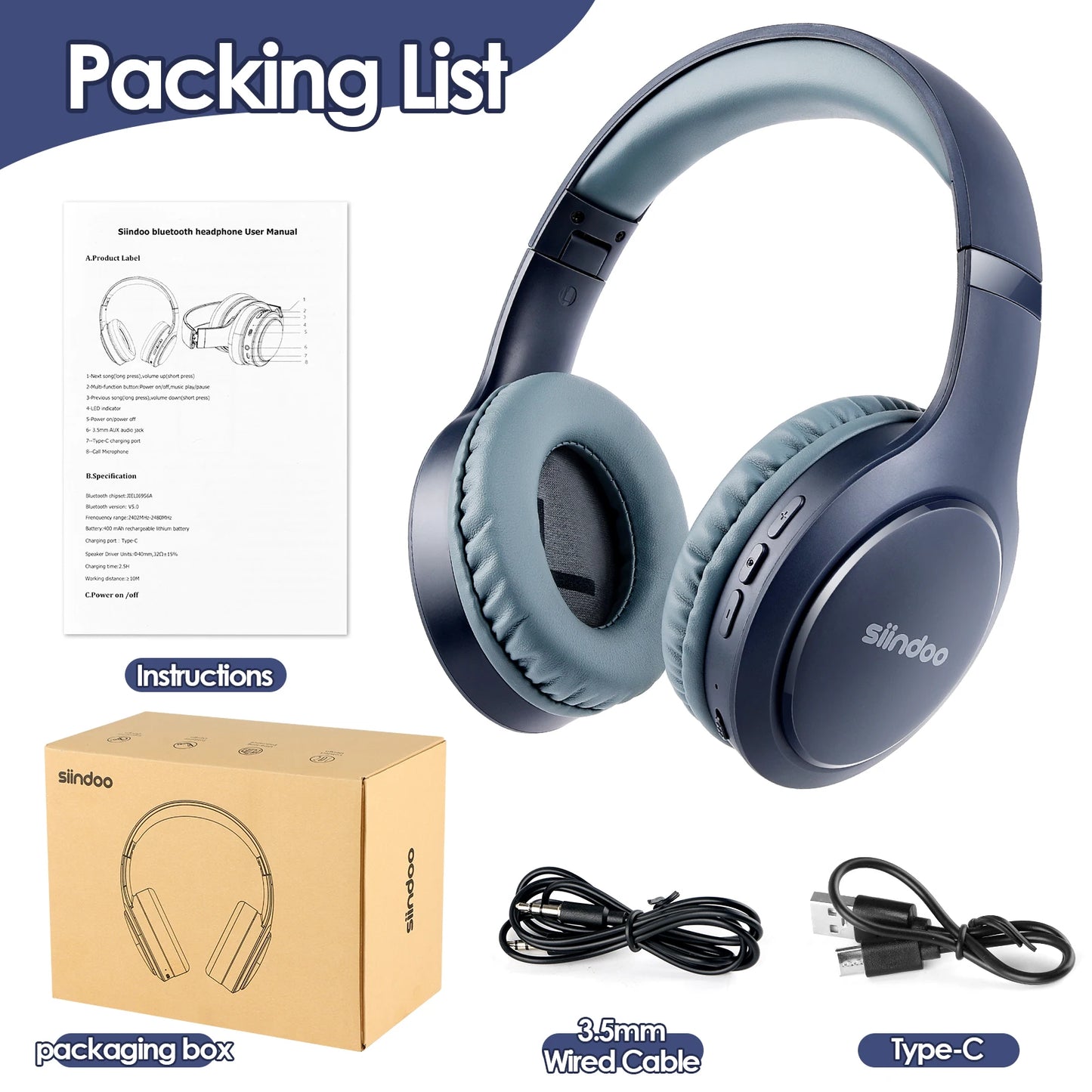 Siindoo JH-919 Wireless Bluetooth Headphones