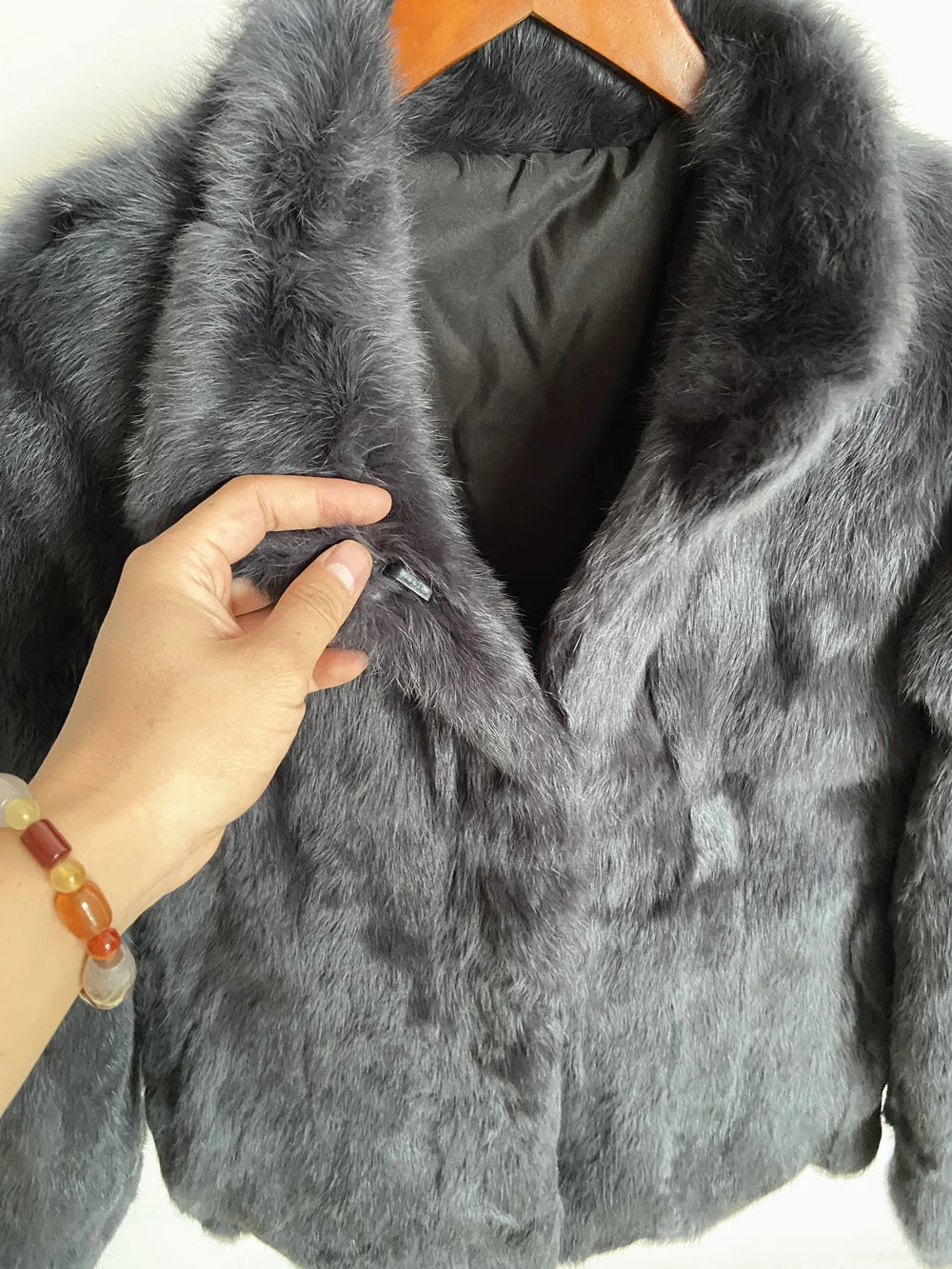 Women’s Black Rabbit Fur & Leather Winter Coat – Elegant Bolero Jacket