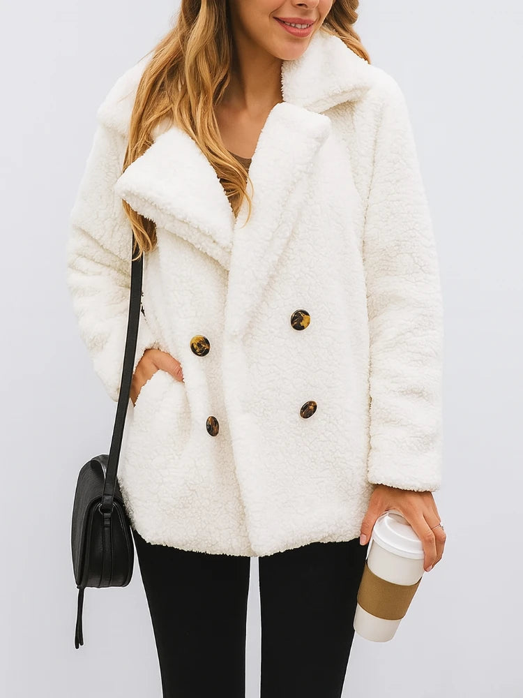 Women’s Sherpa Fleece Teddy Coat – Warm Double-Breasted Winter Jacket