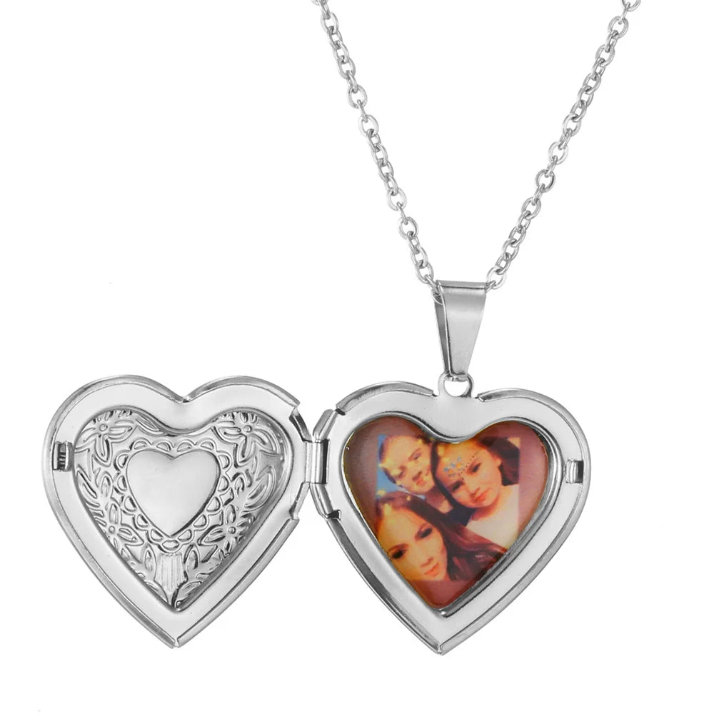 Romantic Heart Locket Pendant Openable Female Silver Color Stainless Steel Photo Frame Charm Necklace for Women Men Jewelry Gift