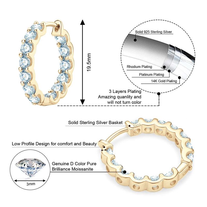 Sparking 925 Silver 3mm Round Moissanite Hoop Stud Earrings For Women Men Couple 14K Gold Plated Wedding Jewelry with GRA Gift