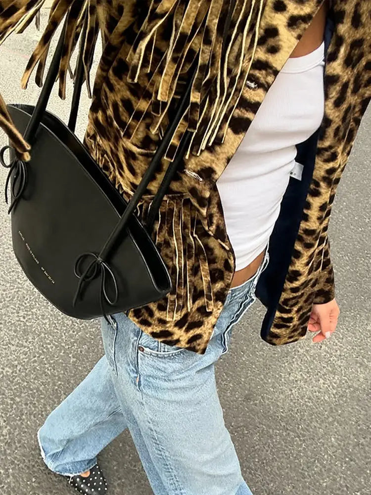 Women’s Retro Leopard Tassel Jacket – Chic & Versatile Streetwear