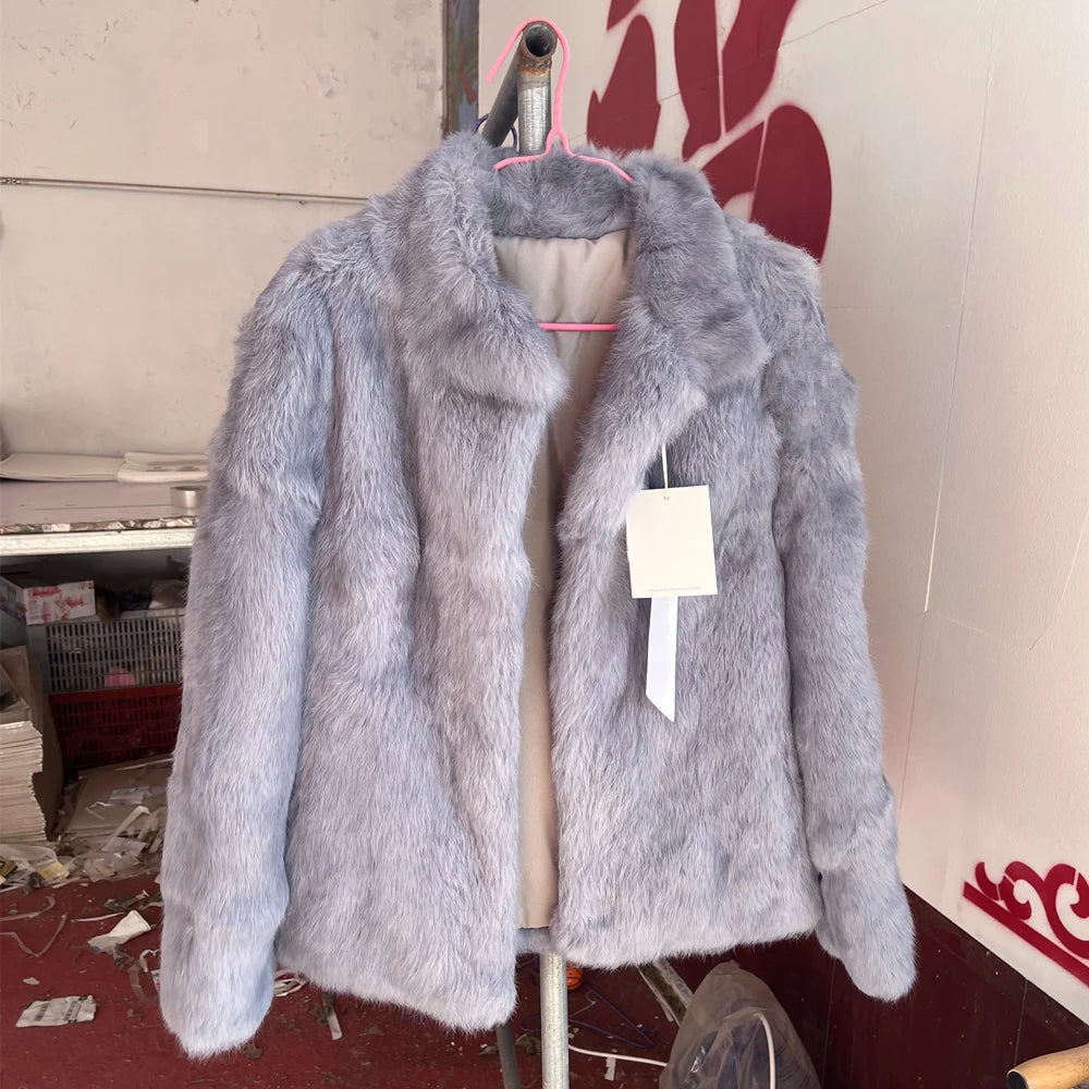 Women’s Black Rabbit Fur & Leather Winter Coat – Elegant Bolero Jacket