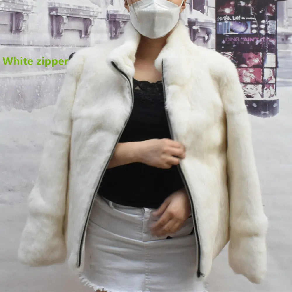 Women’s Black Rabbit Fur & Leather Winter Coat – Elegant Bolero Jacket
