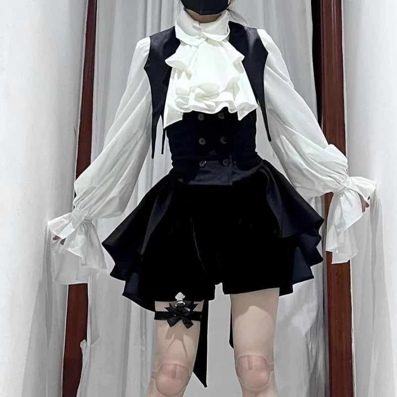 Y2K Gothic Lolita Bow Dress Set – Lace Flare Sleeve Mini Party Outfit