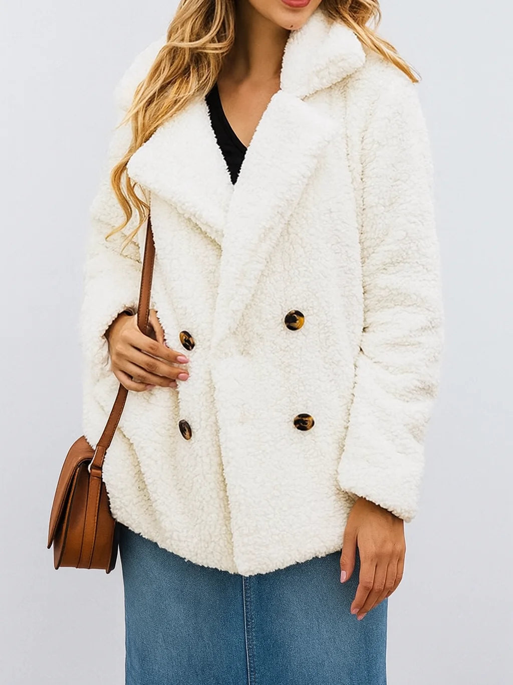 Women’s Sherpa Fleece Teddy Coat – Warm Double-Breasted Winter Jacket