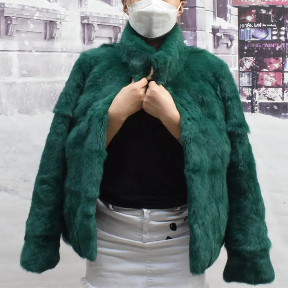 Women’s Black Rabbit Fur & Leather Winter Coat – Elegant Bolero Jacket