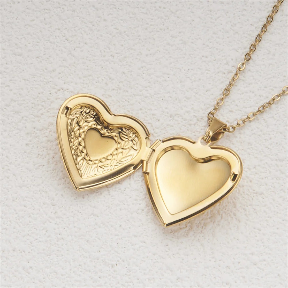 Romantic Heart Locket Pendant Openable Female Silver Color Stainless Steel Photo Frame Charm Necklace for Women Men Jewelry Gift