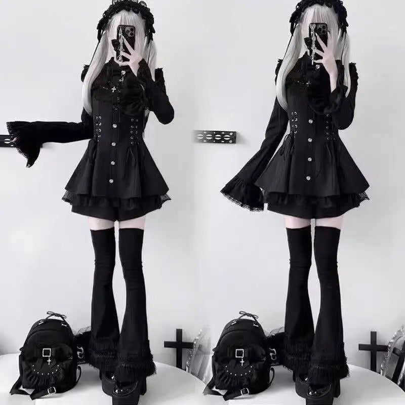 Y2K Gothic Lolita Bow Dress Set – Lace Flare Sleeve Mini Party Outfit