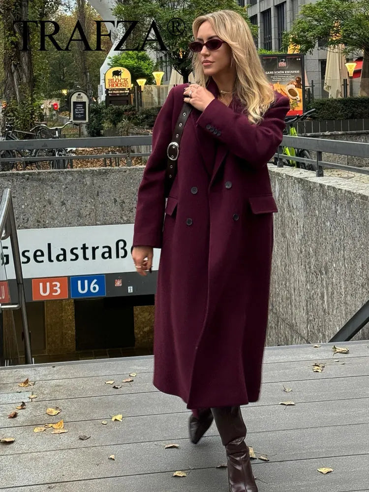 Women's Burgundy Wool Blend Double-Breasted Coat