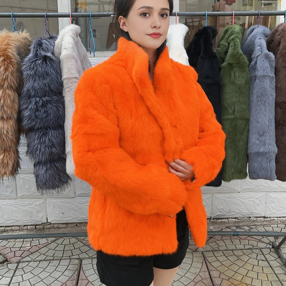 Women’s Black Rabbit Fur & Leather Winter Coat – Elegant Bolero Jacket