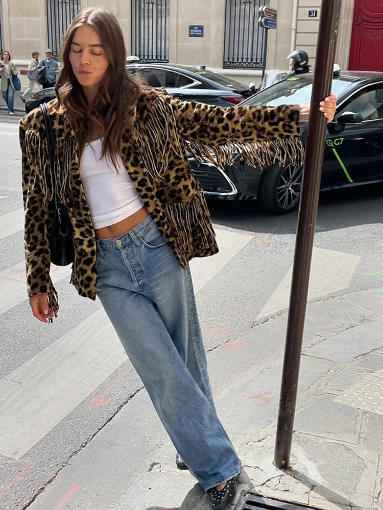 Women’s Retro Leopard Tassel Jacket – Chic & Versatile Streetwear