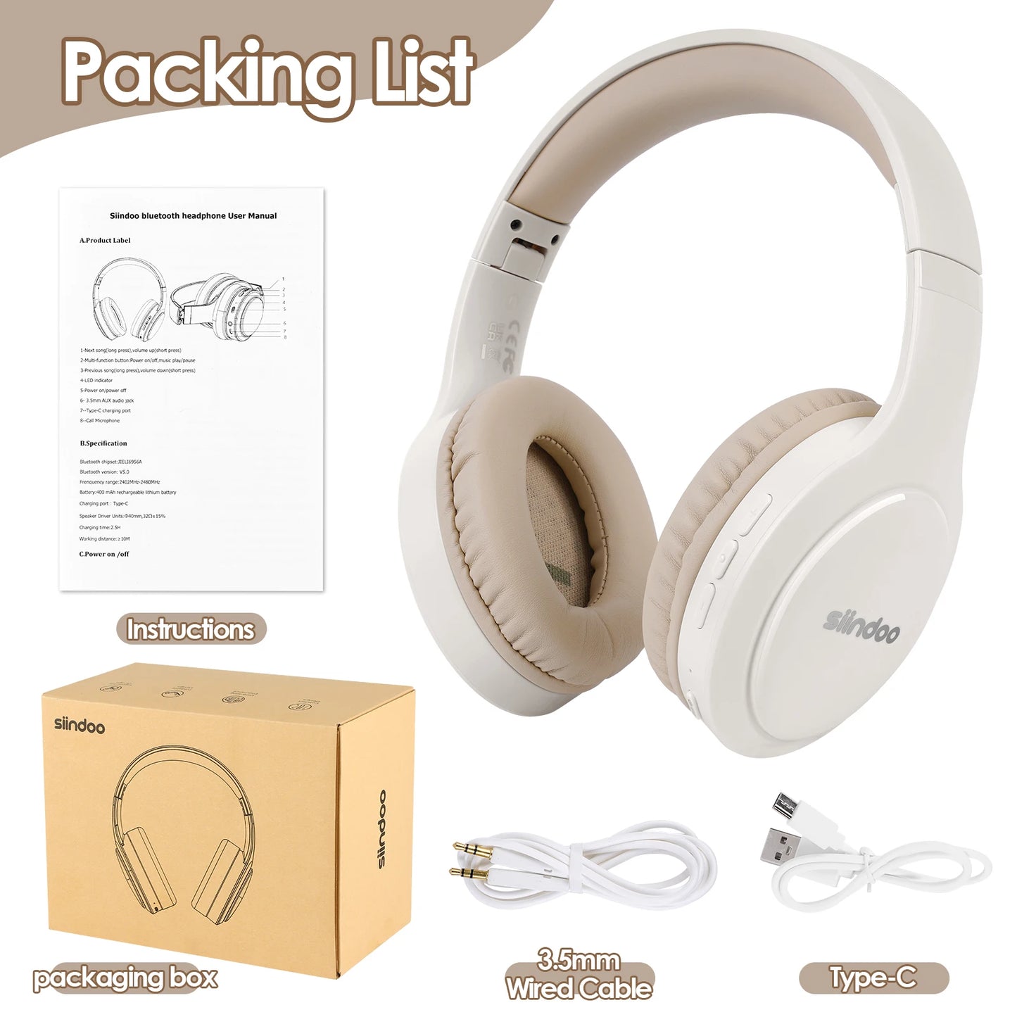 Siindoo JH-919 Wireless Bluetooth Headphones