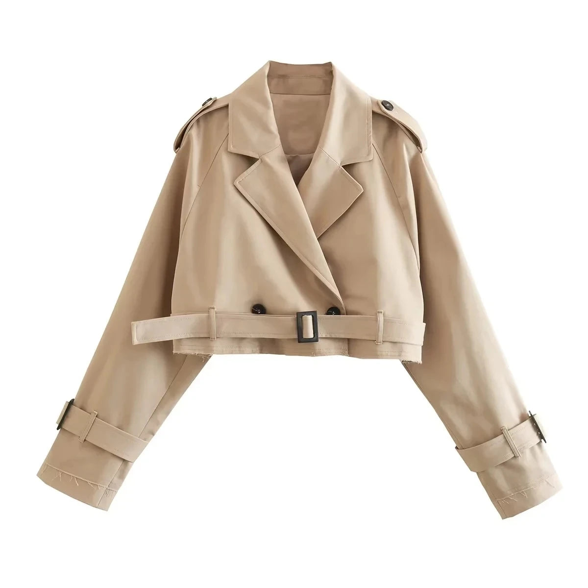 Belted Cropped Trench Jacket – Vintage Streetwear Double Breasted Coat