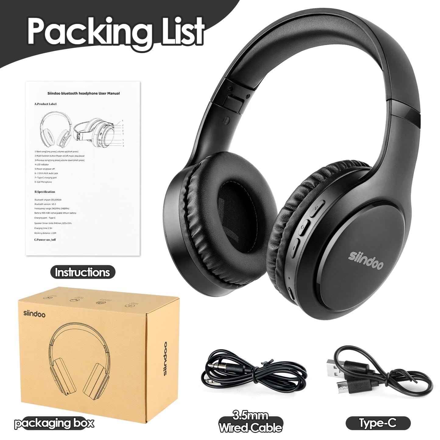 Siindoo JH-919 Wireless Bluetooth Headphones