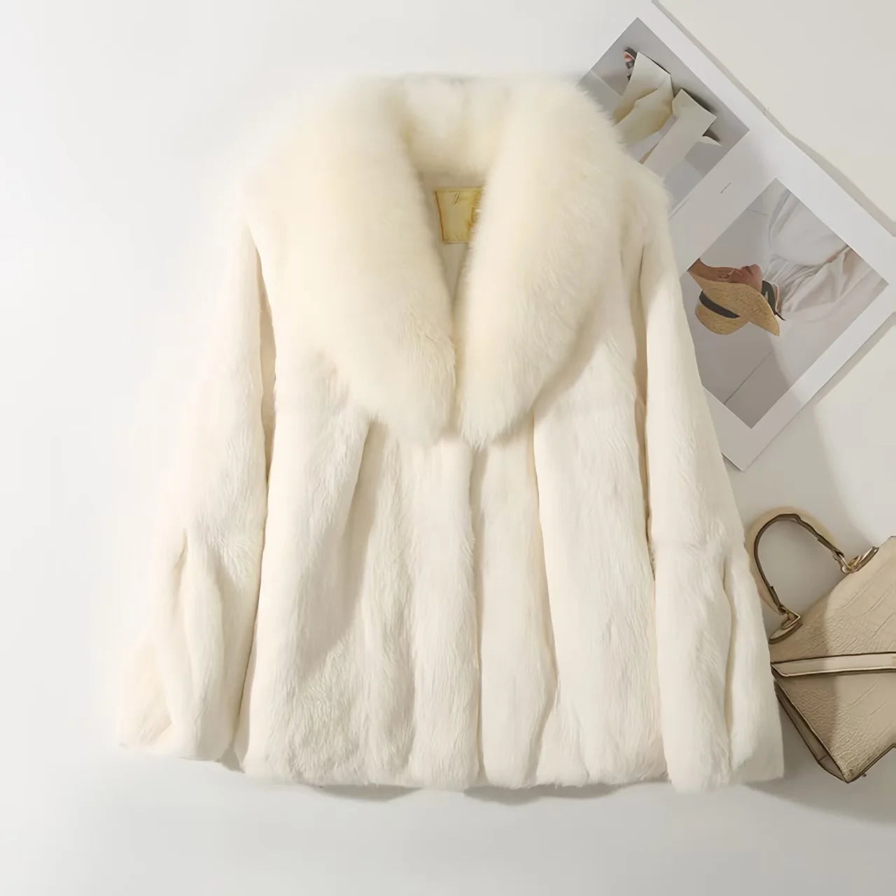 Women’s Rex Rabbit Fur Coat – Short, Warm & Elegant with Fox Fur Collar