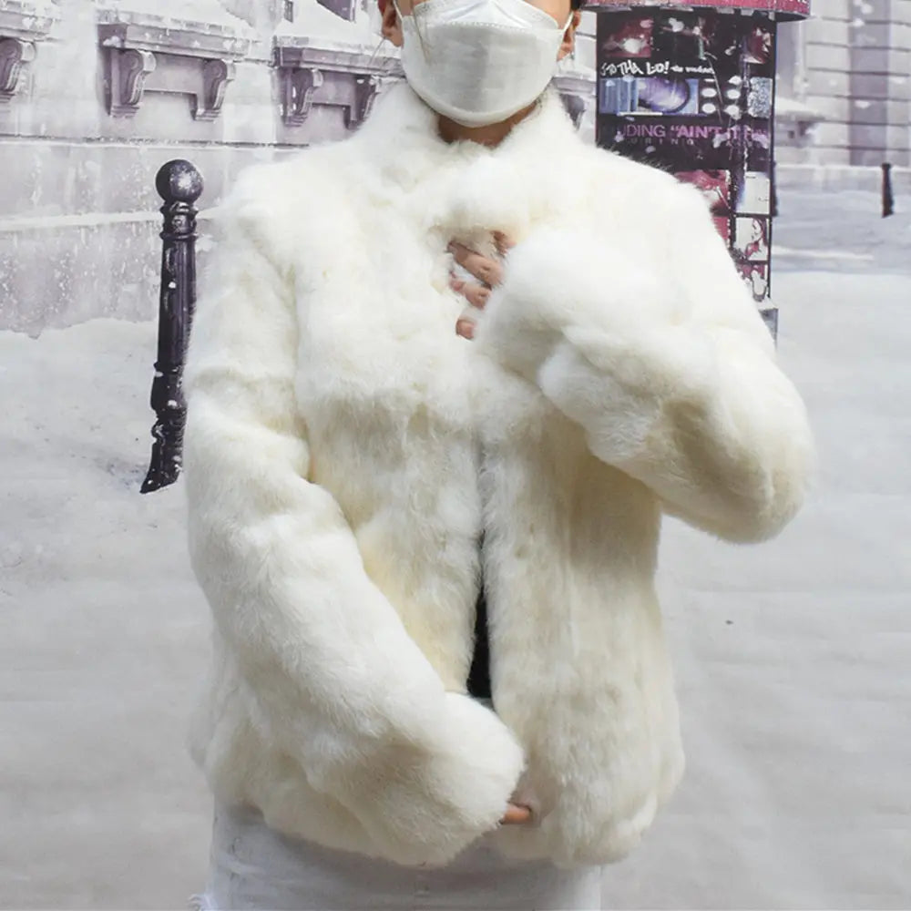 Women’s Black Rabbit Fur & Leather Winter Coat – Elegant Bolero Jacket
