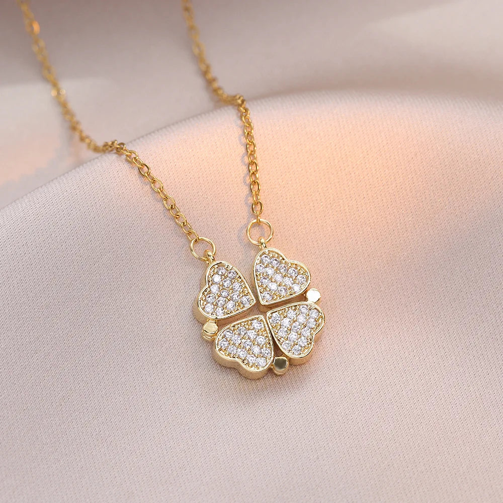 Fashion Retro Lucky Four Leaf Clover Women Necklace Gothic Love Heart Pendant Choke Chain Necklace Stainless Steel Jewelry Gift