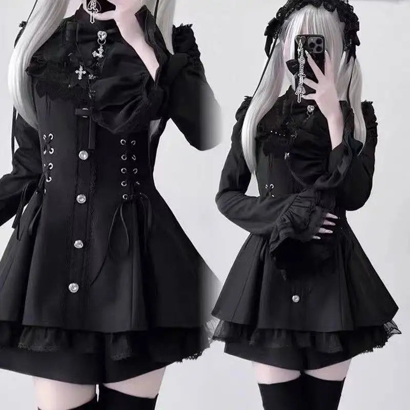 Y2K Gothic Lolita Bow Dress Set – Lace Flare Sleeve Mini Party Outfit