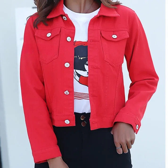 Women’s Short Denim Jacket – Casual Candy Color Autumn