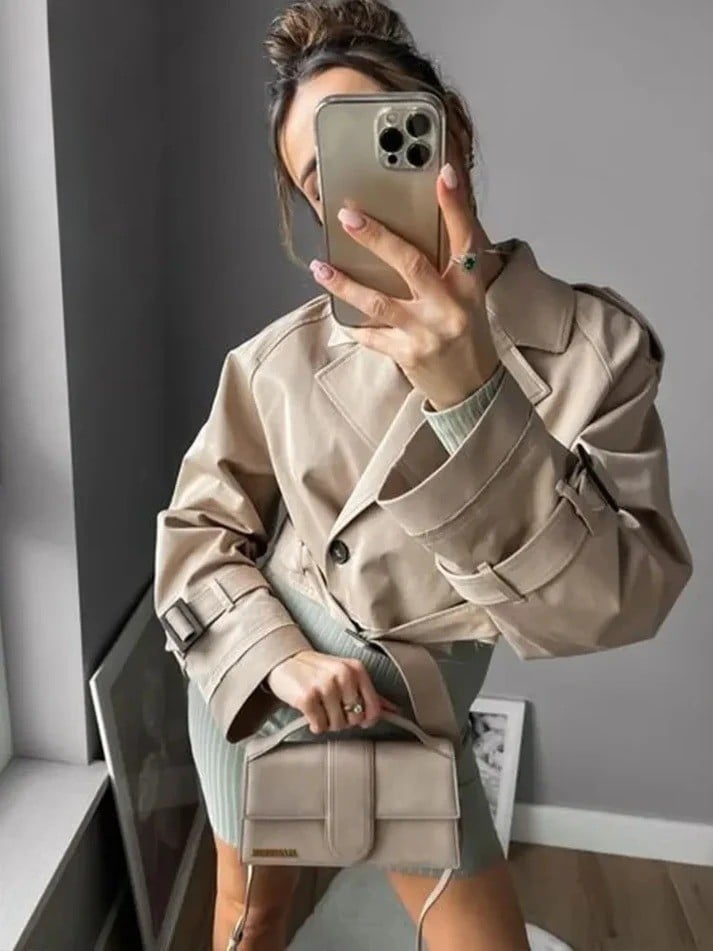 Belted Cropped Trench Jacket – Vintage Streetwear Double Breasted Coat