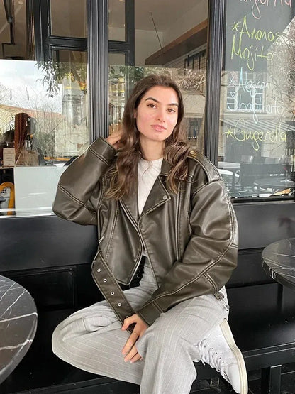 Vintage PU Leather Belted Biker Jacket