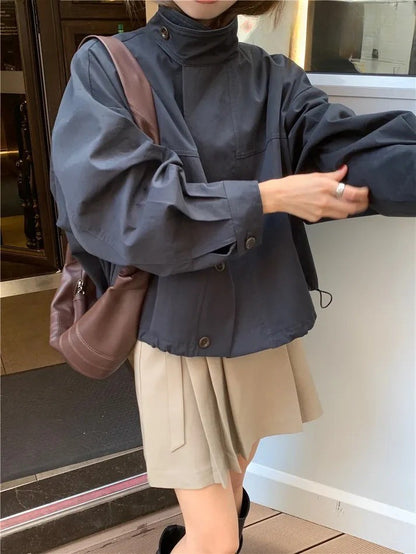 Korean Casual Loose Cotton Blend Short Trench Coat