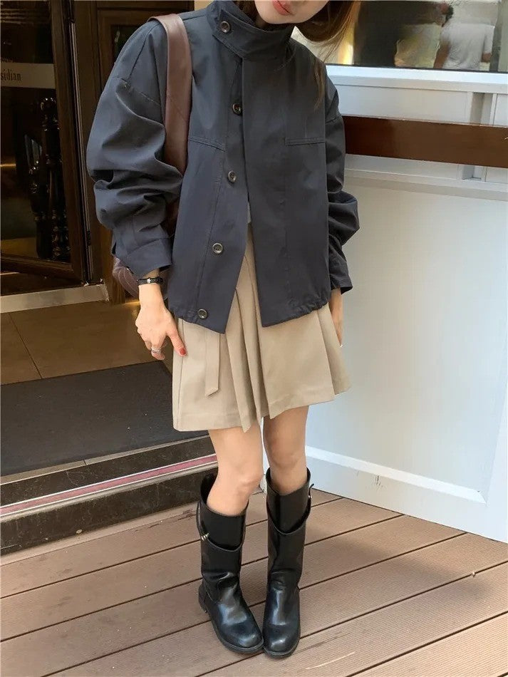 Korean Casual Loose Cotton Blend Short Trench Coat