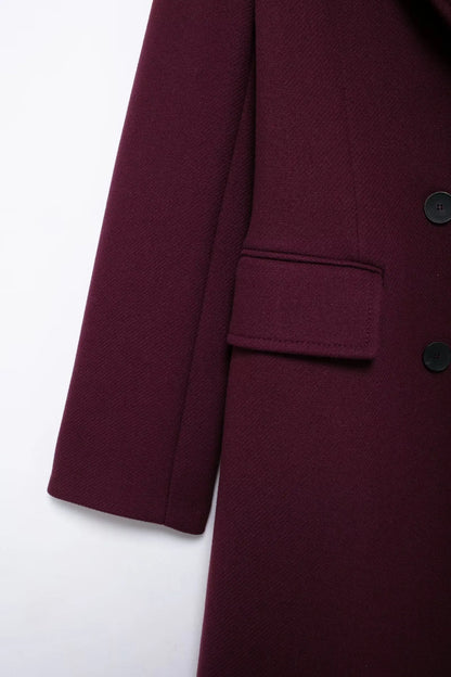 Women's Burgundy Wool Blend Double-Breasted Coat
