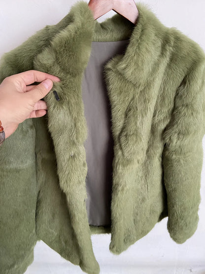 Women’s Black Rabbit Fur & Leather Winter Coat – Elegant Bolero Jacket