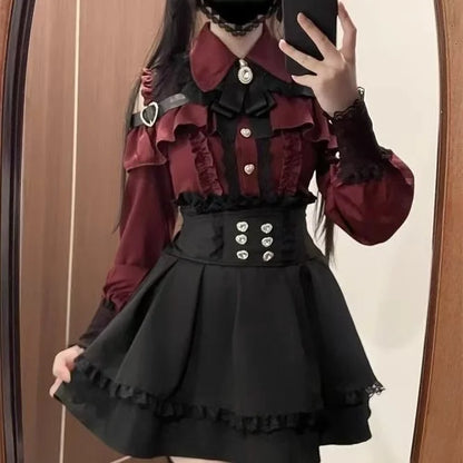 Y2K Gothic Lolita Bow Dress Set – Lace Flare Sleeve Mini Party Outfit