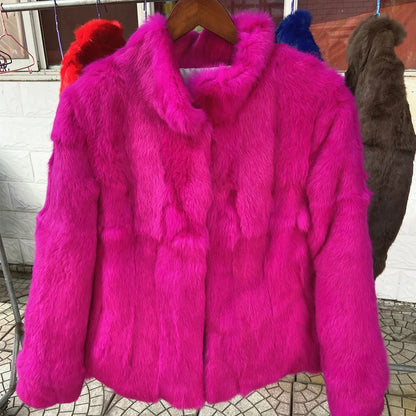 Women’s Black Rabbit Fur & Leather Winter Coat – Elegant Bolero Jacket