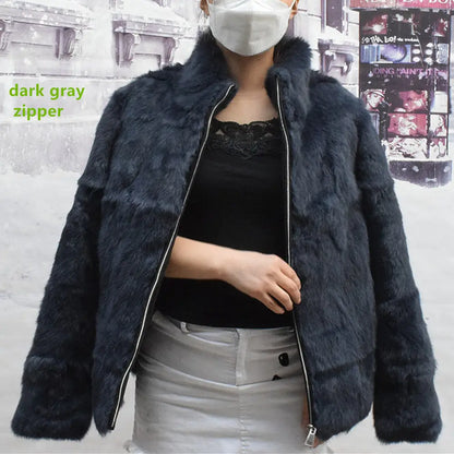 Women’s Black Rabbit Fur & Leather Winter Coat – Elegant Bolero Jacket