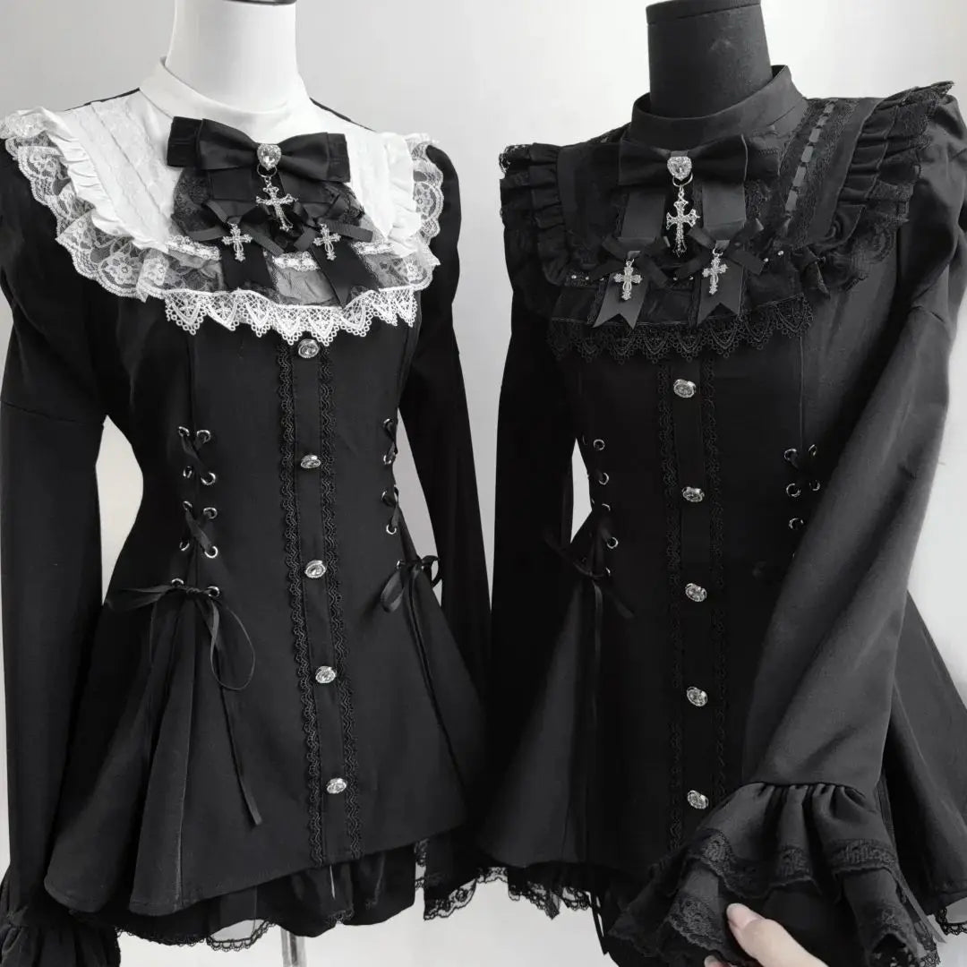 Y2K Gothic Lolita Bow Dress Set – Lace Flare Sleeve Mini Party Outfit