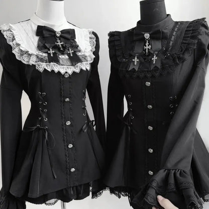 Y2K Gothic Lolita Bow Dress Set – Lace Flare Sleeve Mini Party Outfit