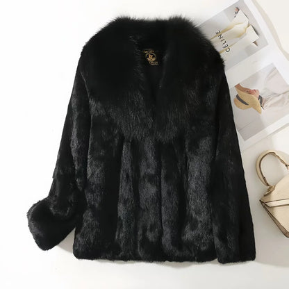Women’s Rex Rabbit Fur Coat – Short, Warm & Elegant with Fox Fur Collar