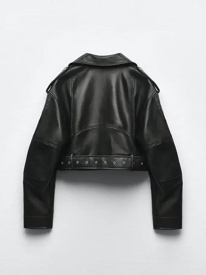 Vintage PU Leather Belted Biker Jacket