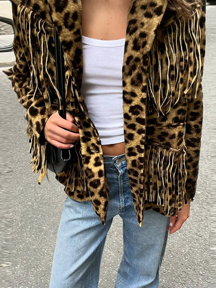 Women’s Retro Leopard Tassel Jacket – Chic & Versatile Streetwear