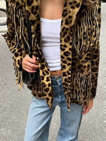 Women’s Retro Leopard Tassel Jacket – Chic & Versatile Streetwear