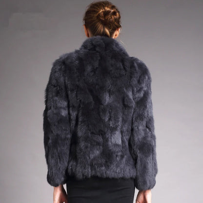 Women’s Black Rabbit Fur & Leather Winter Coat – Elegant Bolero Jacket